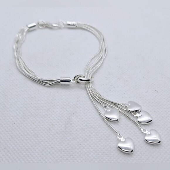 Sterling Silver 925 Multi Strand Bracelet w/ Heart Charms - Picture 3 of 9